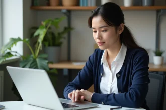 Jeune femme au bureau consulte une checklist sur son ordinateur