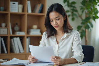 Jeune femme en bureau lisant un newsletter dans un espace cosy