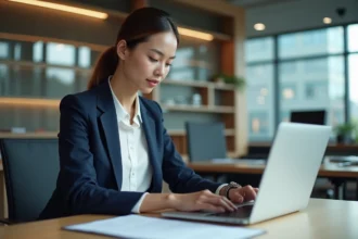 Jeune femme professionnelle tapant sur son ordinateur au bureau