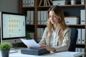 Jeune femme professionnelle scanne des documents au bureau