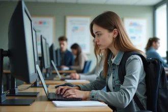 Jeune femme en étude universitaire dans un laboratoire informatique