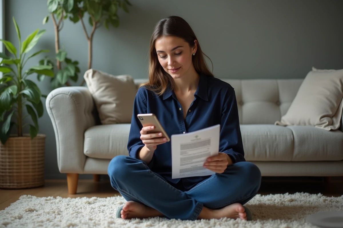 Jeune femme lisant un manuel de téléphone dans un salon cosy