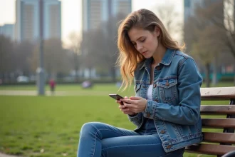 Jeune femme en denim dans un parc urbain au printemps
