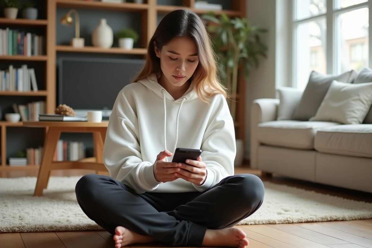 Jeune femme accédant à ses services en ligne via mobile depuis son domicile