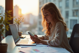 Jeune femme utilisant un smartphone au bureau lumineux