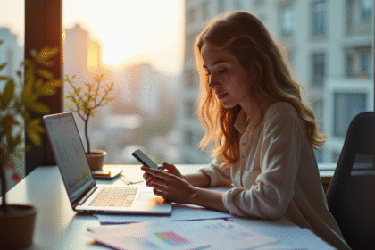 Jeune femme utilisant un smartphone au bureau lumineux