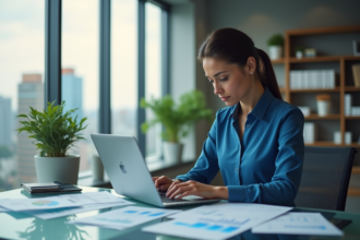 Jeune femme concentrée travaillant sur son ordinateur dans un bureau moderne
