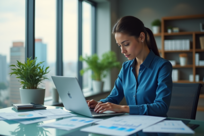 Jeune femme concentrée travaillant sur son ordinateur dans un bureau moderne