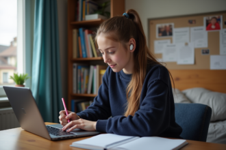 Jeune fille concentrée à son bureau avec ordinateur et livres
