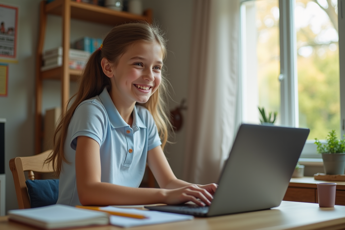 Adolescente souriante participant a une classe virtuelle
