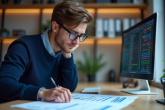 Jeune homme concentré examine des algorithmes sur son bureau