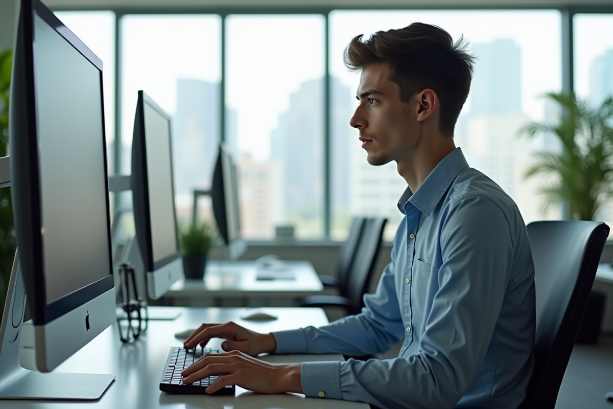 Jeune homme en tenue business utilisant un ordinateur au bureau