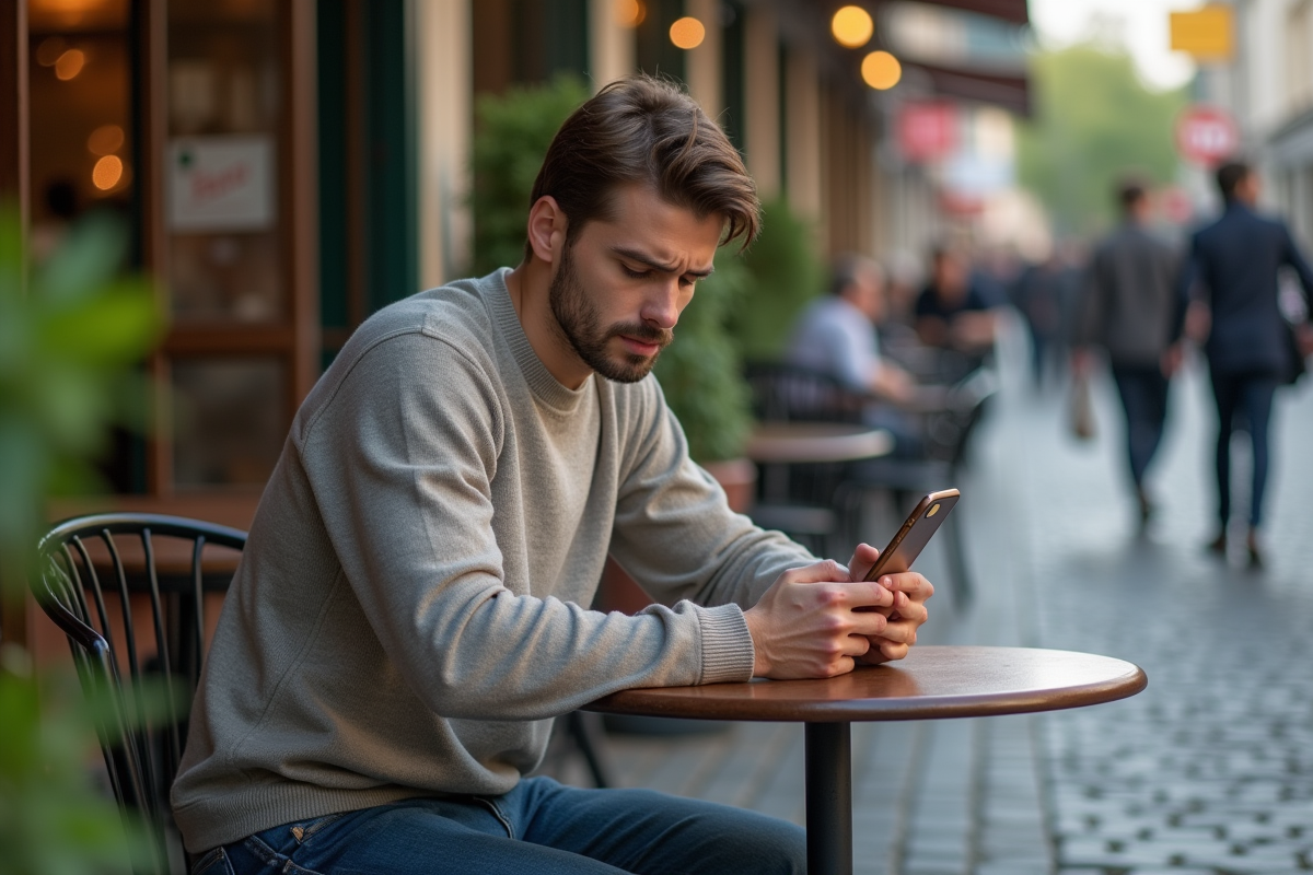 Jeune homme au café utilisant son smartphone pour rechercher