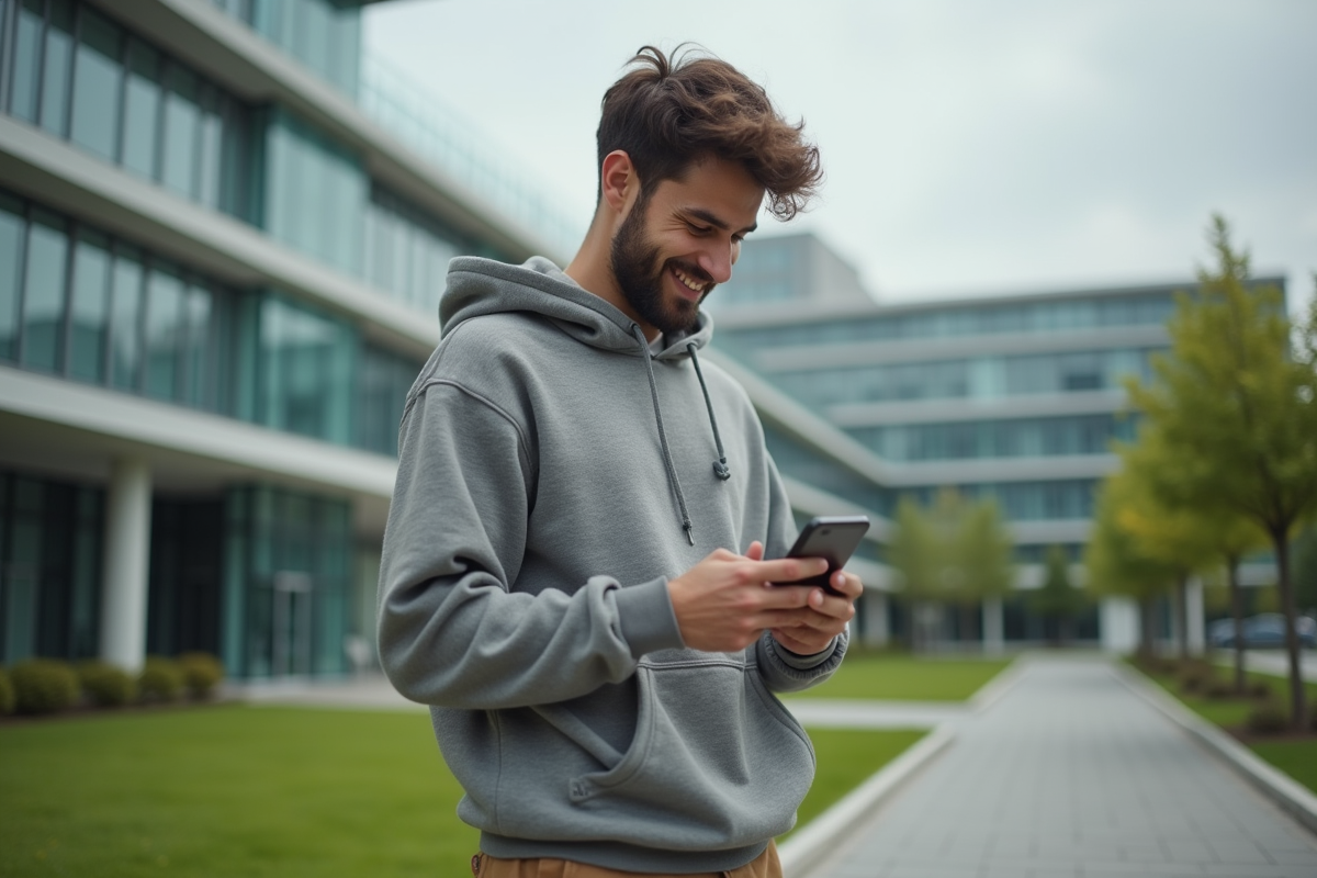 Jeune homme avec smartphone dans un campus universitaire