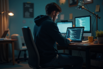 Jeune homme en hoodie concentré sur son ordinateur portable