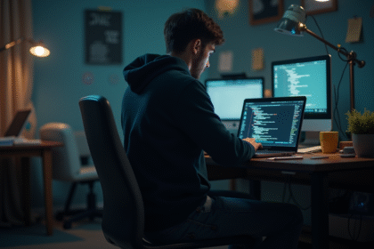 Jeune homme en hoodie concentré sur son ordinateur portable