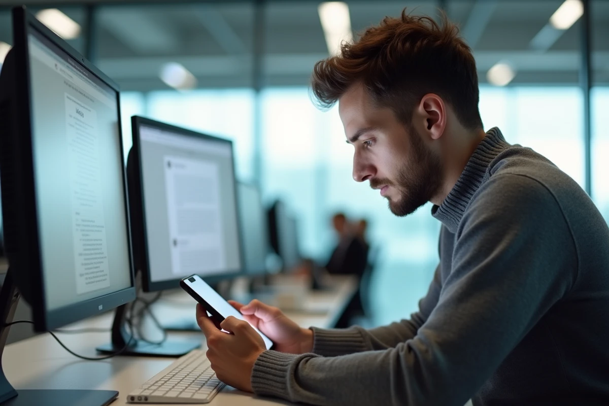 Jeune homme vérifie son smartphone dans un bureau lumineux