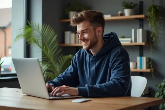 Jeune homme en hoodie bleu customise Chrome sur son laptop