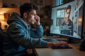 Jeune homme perplexe devant un ordinateur à la maison