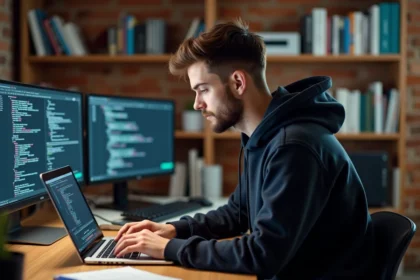 Jeune homme en hoodie travaillant sur un ordinateur portable