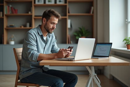 Jeune homme au bureau utilisant son smartphone pour la double authentification