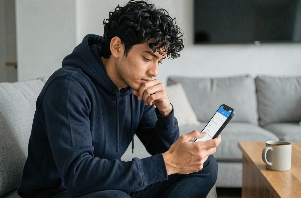 Jeune homme vérifiant sur smartphone les solutions à une panne du webmail Convergence Limoges