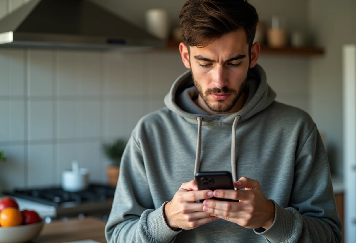 Jeune homme bloquant une publicité sur son smartphone