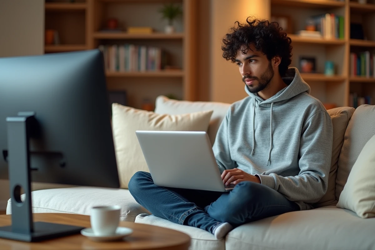 Jeune homme évaluant la taille d'un écran PC depuis son salon dans un appartement moderne