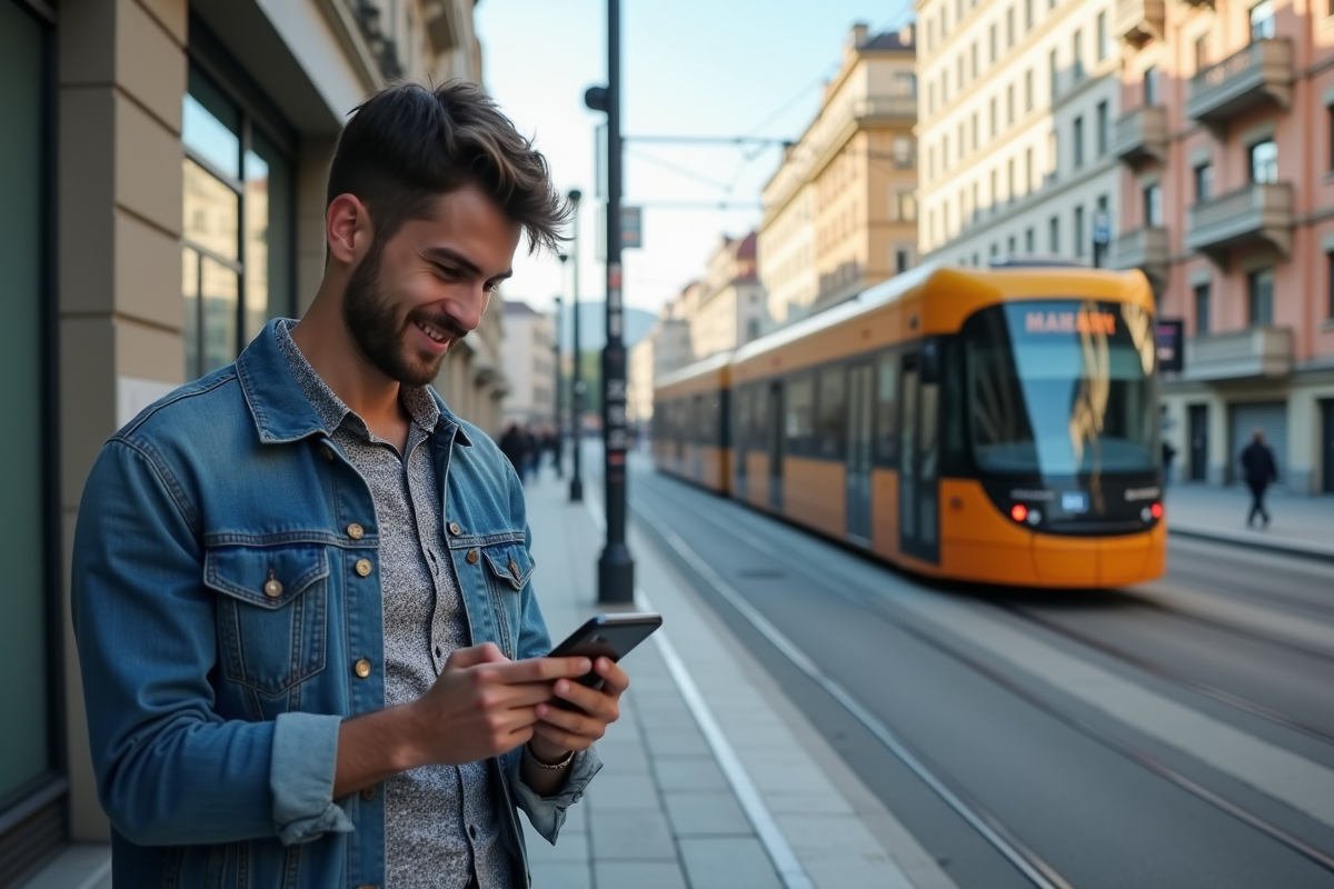 Jeune homme regardant son smartphone dans une station de tram urbain