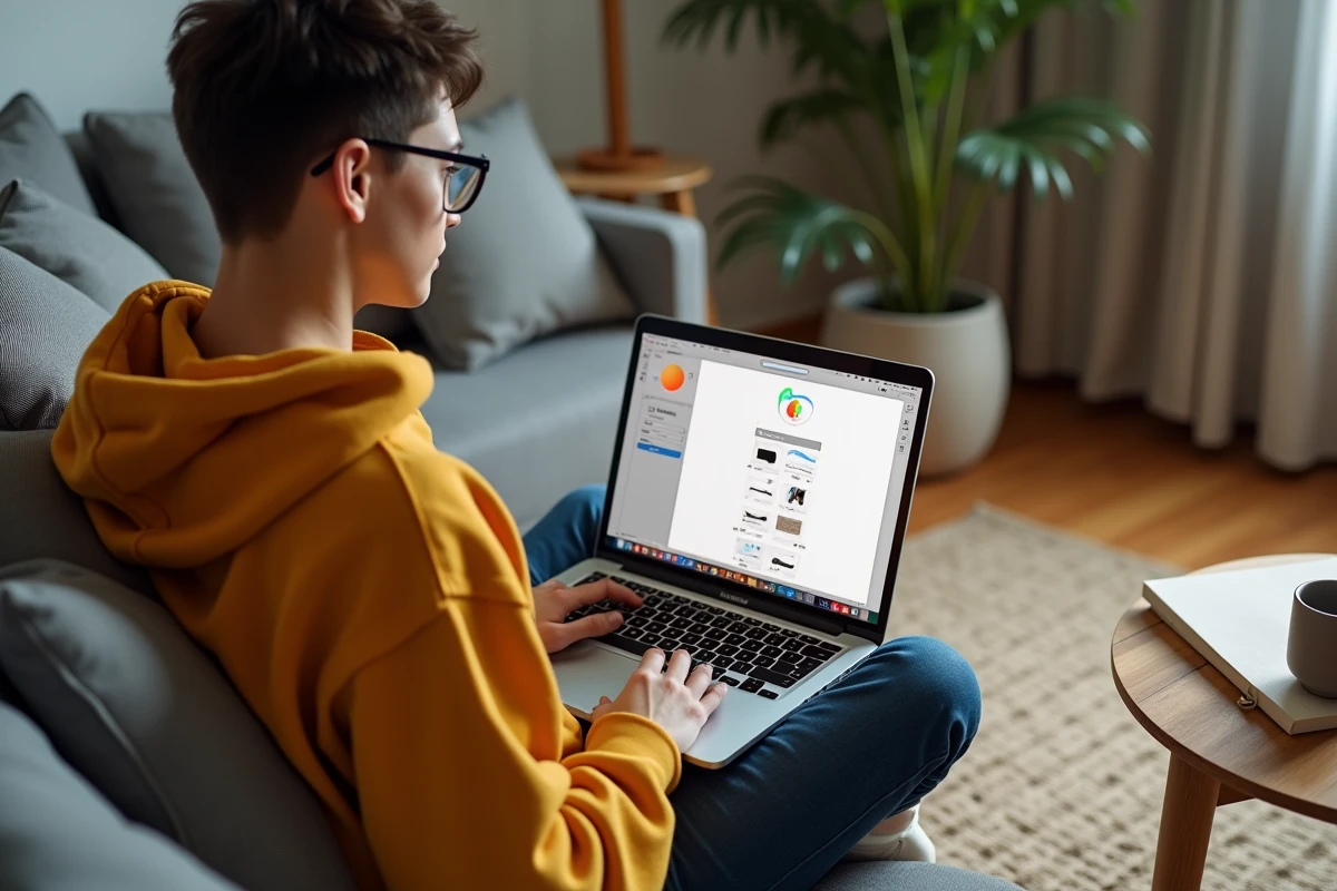 Jeune personne réglant les paramètres de Paint sur MacBook Air dans un salon confortable