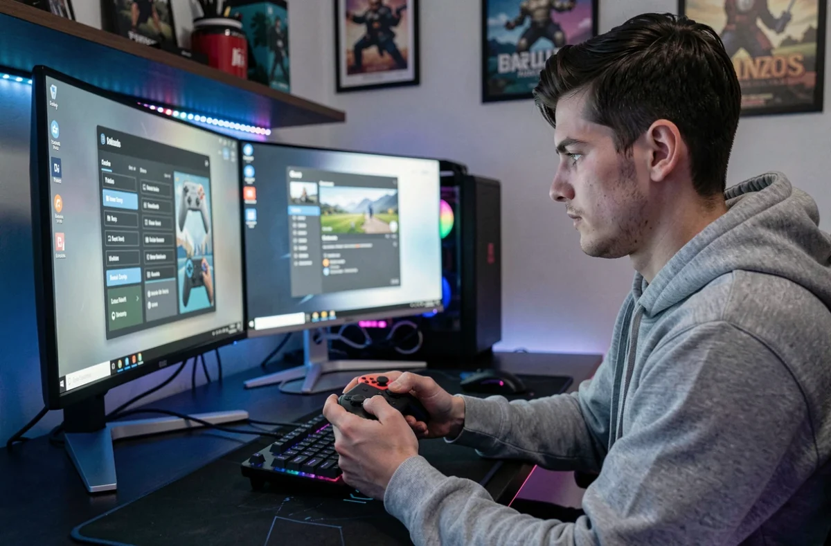 Joueur configurant une manette Switch Pro comme manette PS4 sur PC Windows 11 avec logiciel de paramétrage