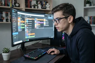 Joueur adulte concentré devant un écran RPG avec filtres de loot colorés et interface minimaliste dans un setup gaming épuré