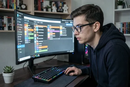 Joueur adulte concentré devant un écran RPG avec filtres de loot colorés et interface minimaliste dans un setup gaming épuré