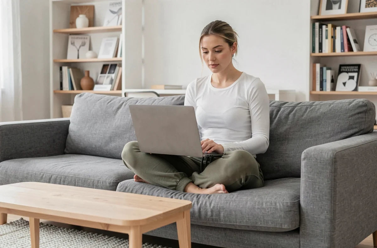 Joueuse adulte analysant un filtre de loot minimaliste sur laptop gaming dans un salon scandinave épuré