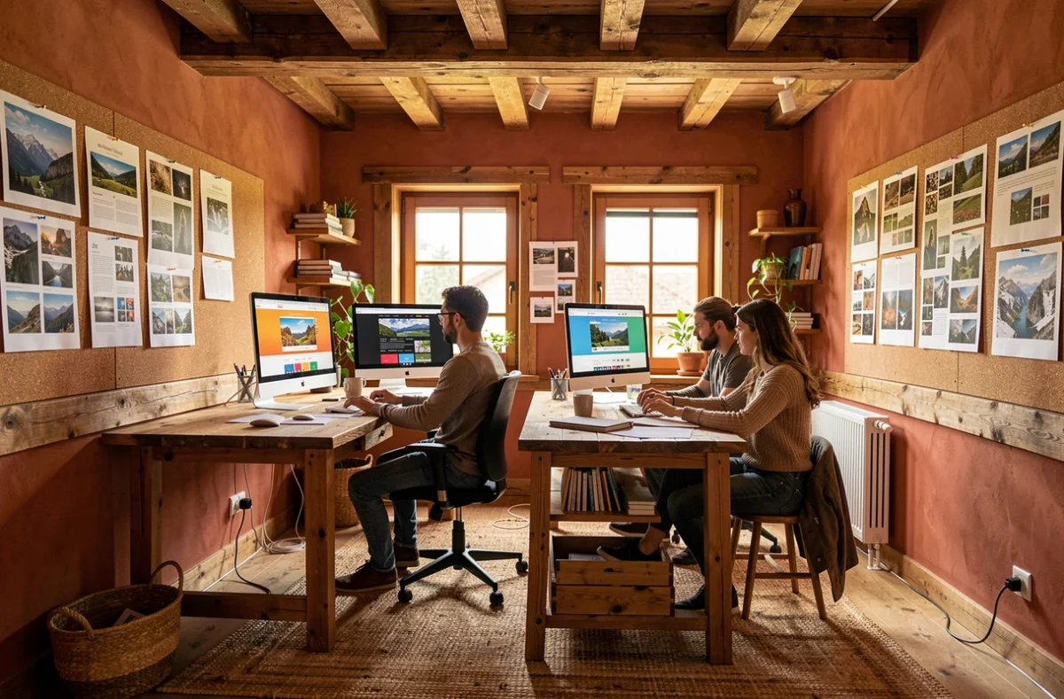 Studio web La Maison du Net dans un espace chaleureux avec poutres apparentes et créatifs au travail