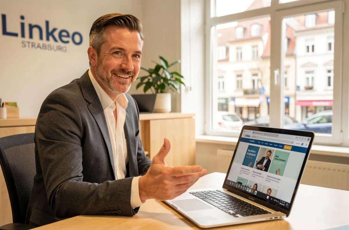 Consultant web de Linkeo Strasbourg présentant un site WordPress à un client dans l'agence avec vue sur la ville