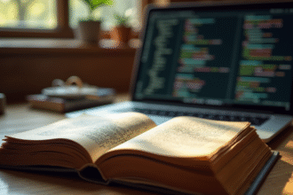 Livre ancien avec notes manuscrites et code moderne