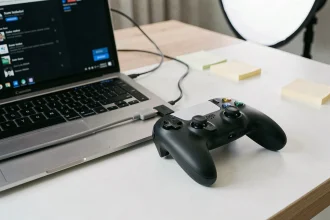 Manette Switch Pro connectée en USB-C à un ordinateur portable sous Windows 11 sur un bureau moderne