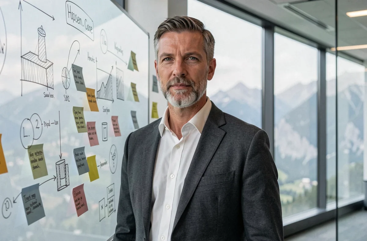 Chef de projet de l'agence Markson devant un tableau blanc avec des wireframes de sites web