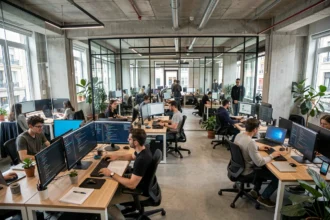 Bureau moderne d'une agence de développement web en Seine-Saint-Denis avec des développeurs travaillant sur leurs ordinateurs