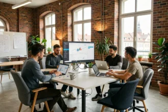 Équipe d'une agence WordPress dans un bureau moderne à Strasbourg, Bas-Rhin, collaborant autour d'un dashboard WordPress