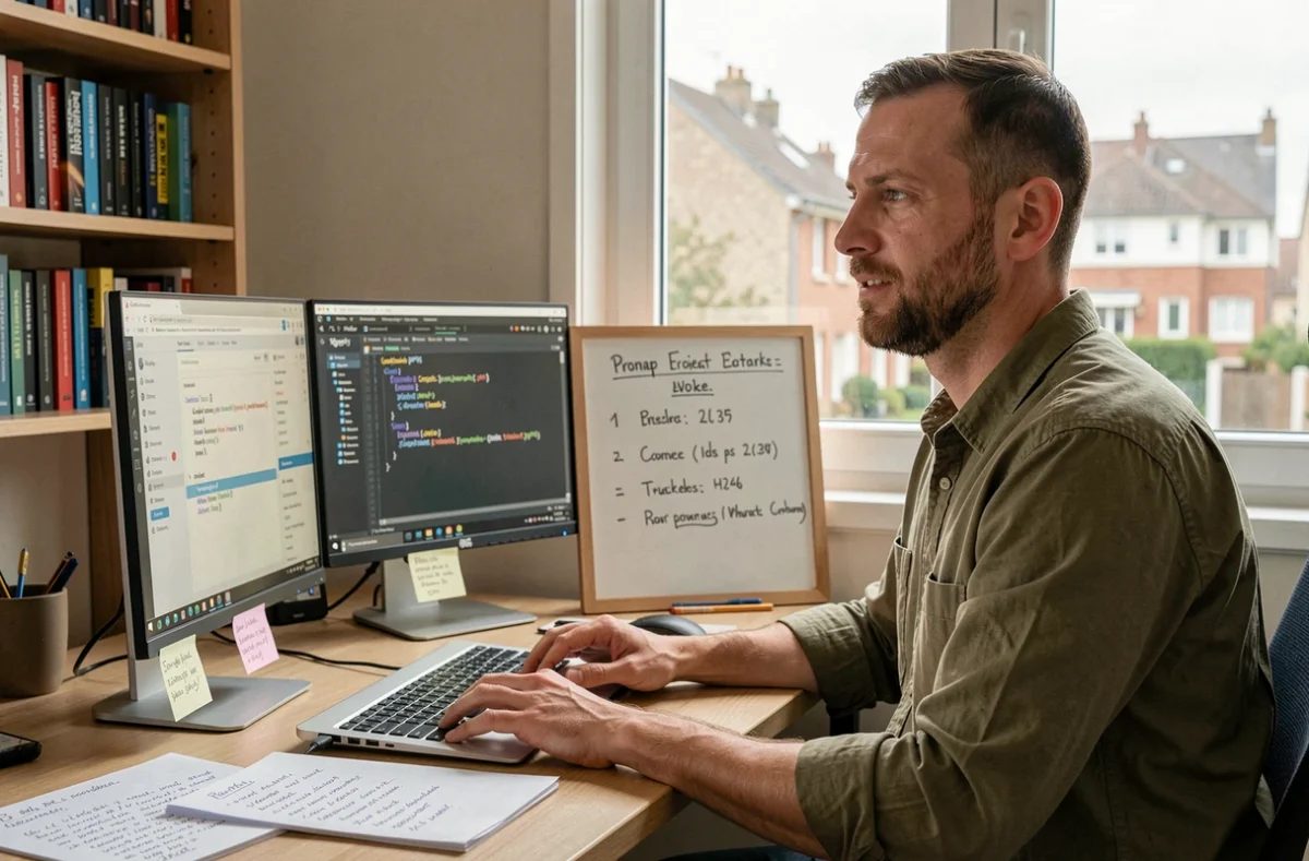 Développeur freelance Mejdi B. travaillant dans son bureau à domicile sur un projet web WordPress avec deux écrans