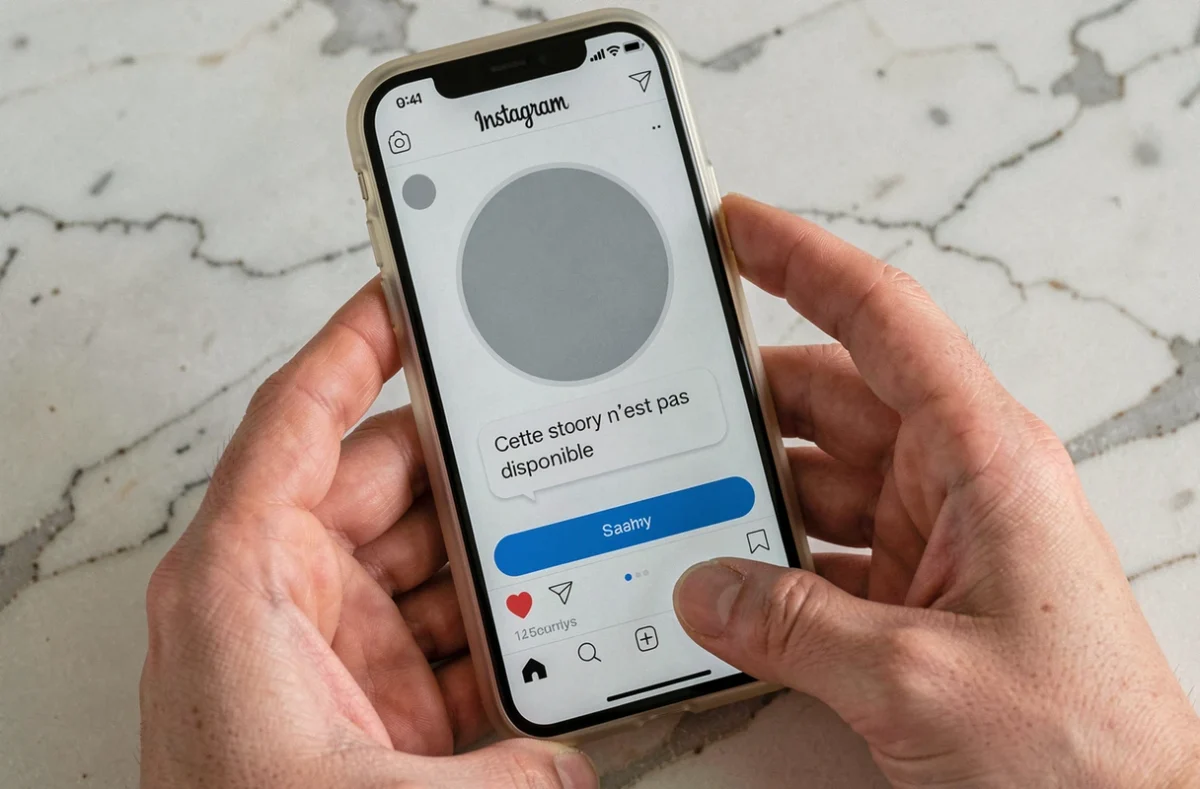 Gros plan d'un écran de smartphone affichant le message d'erreur Instagram 'Cette story n'est pas disponible' sur un comptoir en marbre
