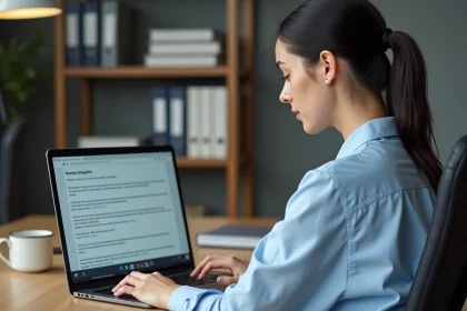Enseignante utilisant la messagerie académique mail ac montpellier fr sur son ordinateur portable dans un bureau universitaire