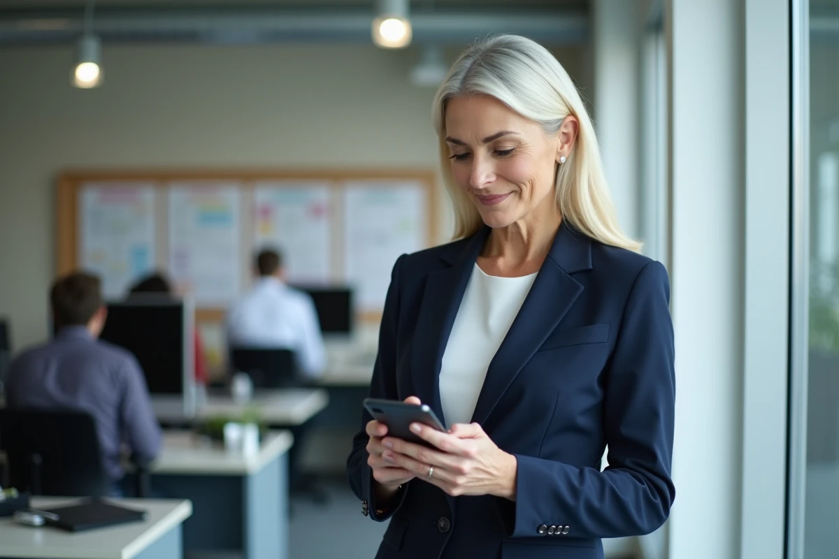 Membre du personnel universitaire consultant sa messagerie UGA sur smartphone Android dans un bureau