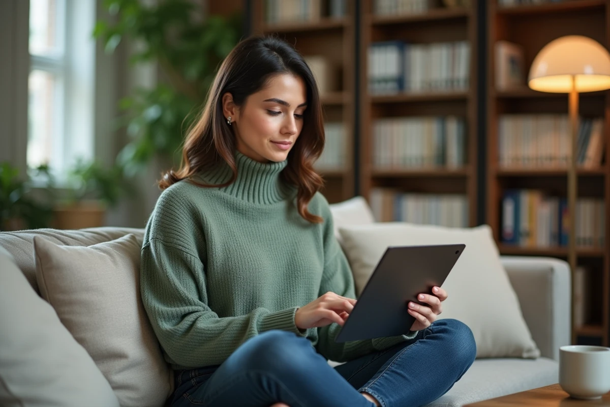 Jeune professionnelle gérant ses données d'activité Google sur tablette dans un bureau à domicile cosy