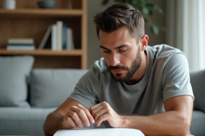 Homme lisant l'étiquette avec le mot de passe WiFi au dos d'une Freebox lors de la première installation