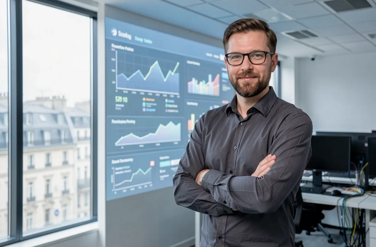Stratège digital de MrDigital devant un tableau de bord d'analyse numérique dans un bureau moderne avec vue sur la ville