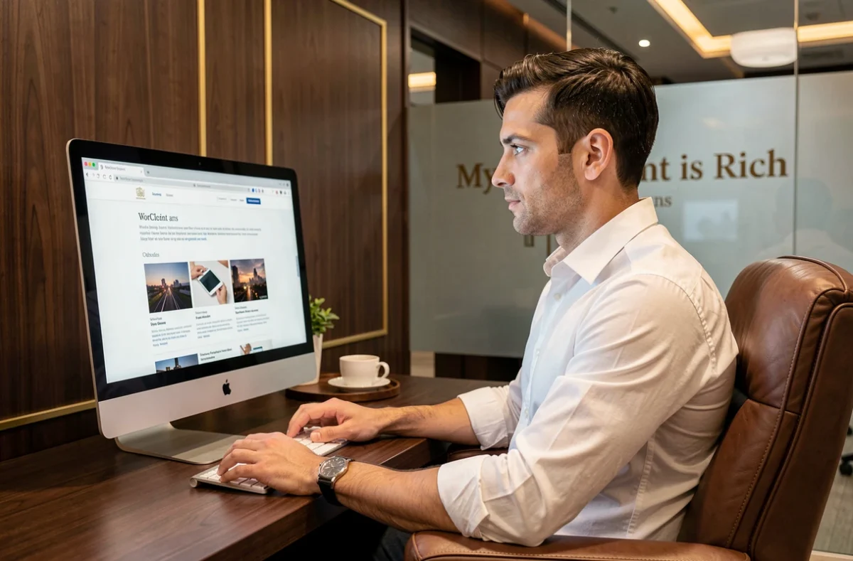 Entrepreneur de l'agence My Client is Rich consultant un site WordPress haut de gamme dans un bureau au design luxueux
