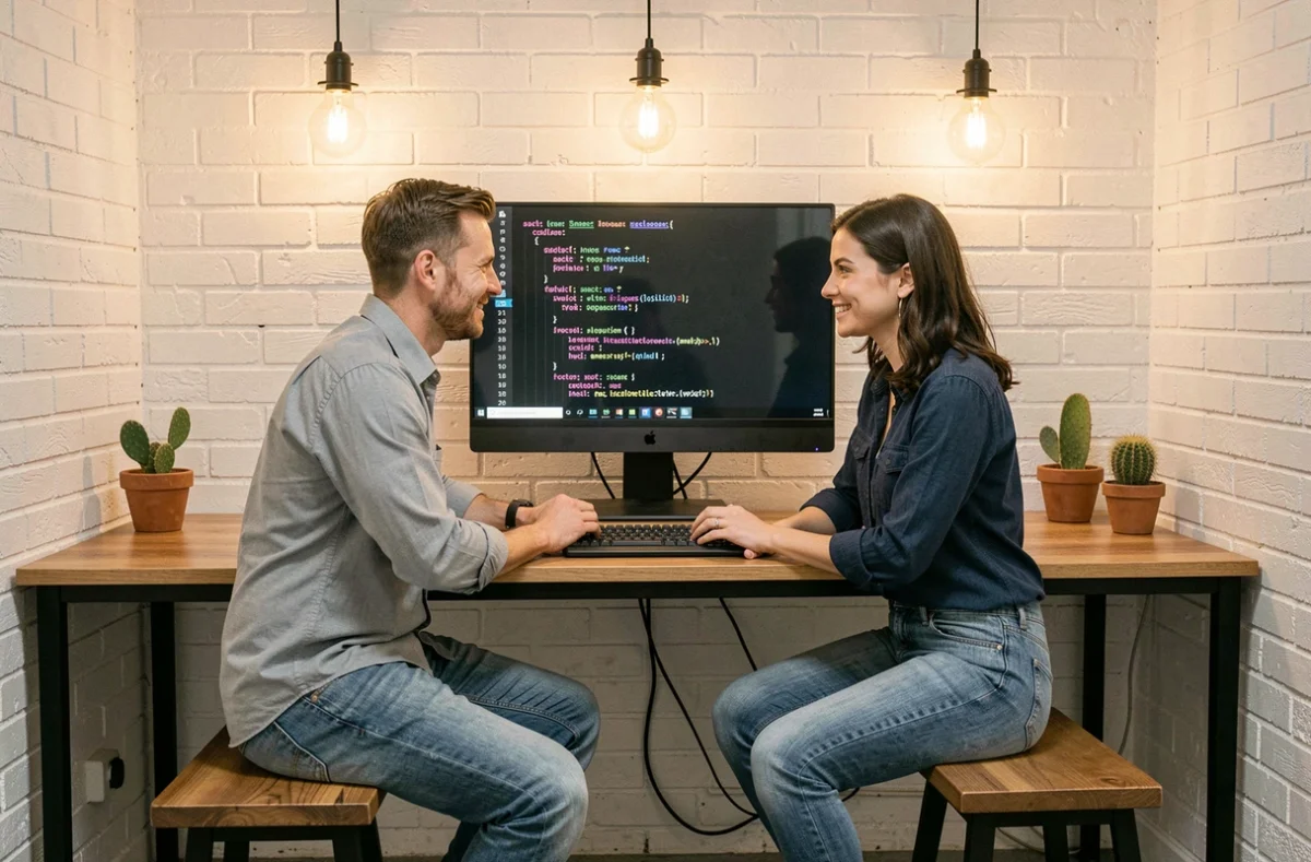 Deux développeurs de l'agence Nateev collaborant sur du code React dans un espace de coworking moderne